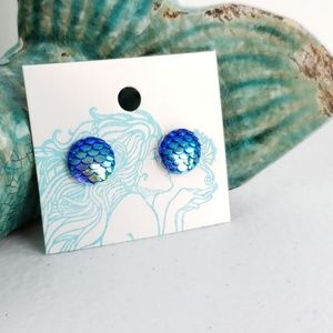 Blue Mermaid Scale Flatback Stud Earrings